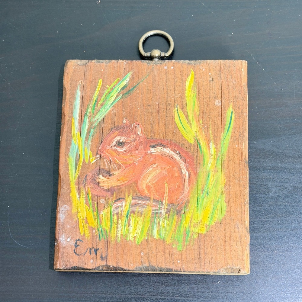 Vintage Hand Painted Chipmunk Wood Block Art Signed Miniature Folk Art Decor